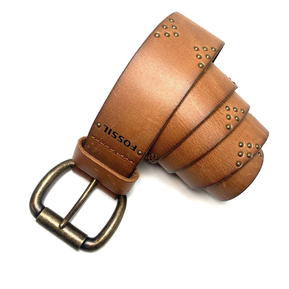 Fossil Mens Tan Genuine Leather Studded Belt Roller Buckle Size M Casual